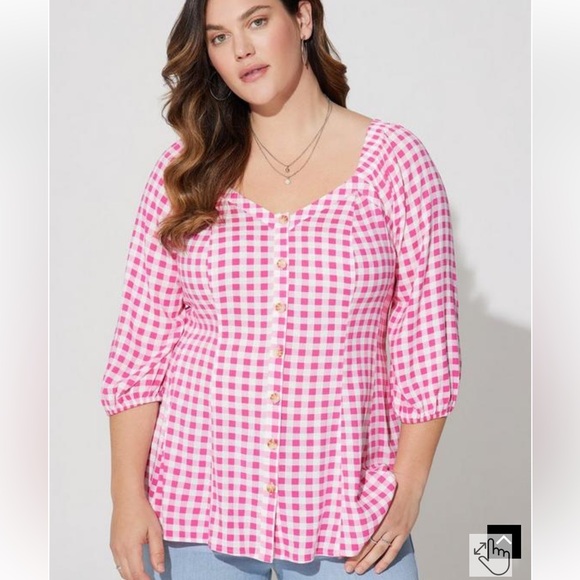 Torrid 4X Plus Size Fit & Flare Rayon Slub Button Up 3/4 Sleeve Pink - Picture 1 of 10